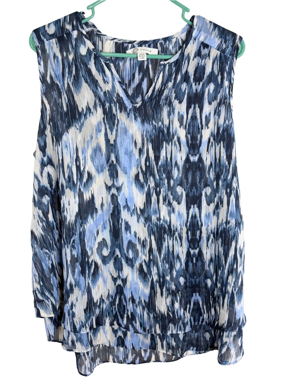 3/$20 Cristina B. Sleeveless Blue Ikat Print V-Neck Blouse Size Large
